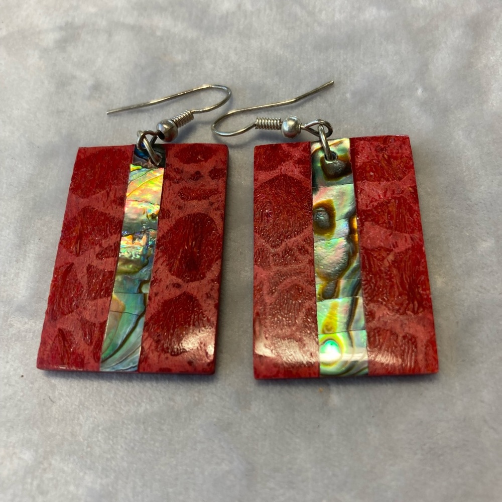 Red earring with strip of abalone shell. New without tags.